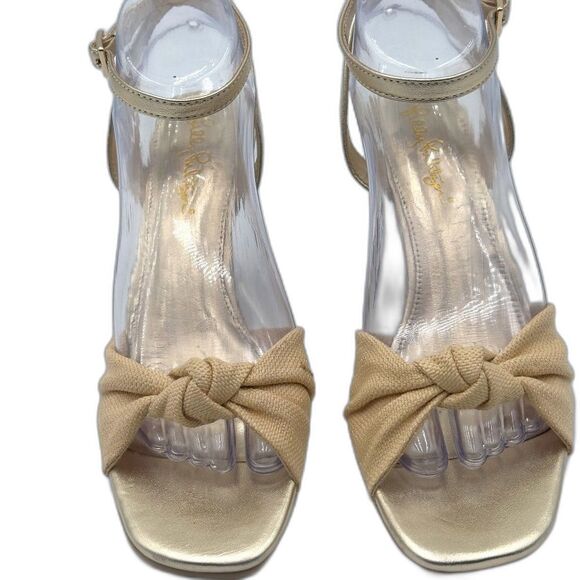 Lilly Pultzer Emmie Wedge Sandals, Natural/Gold, open-toe ankle strap Size 8.5. - Picture 1 of 8